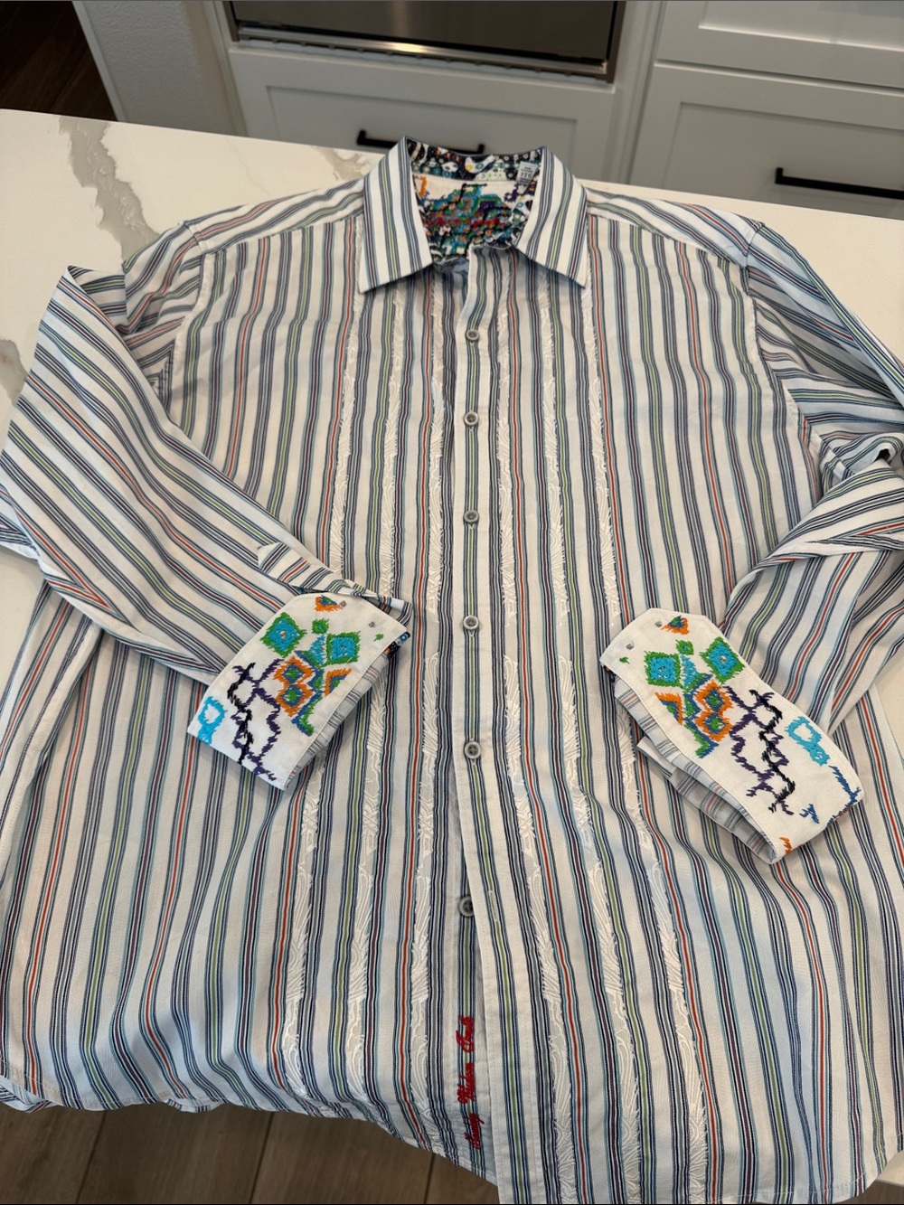Robert Graham Men’s Striped Button-Down Shirt in White, Blue and Red